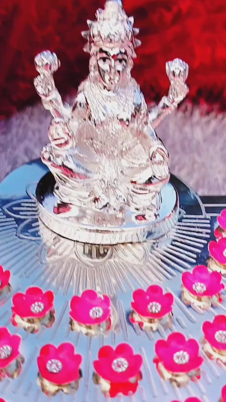 German Silver 108 Flower Stand with Laxmi Idol & Flowers.